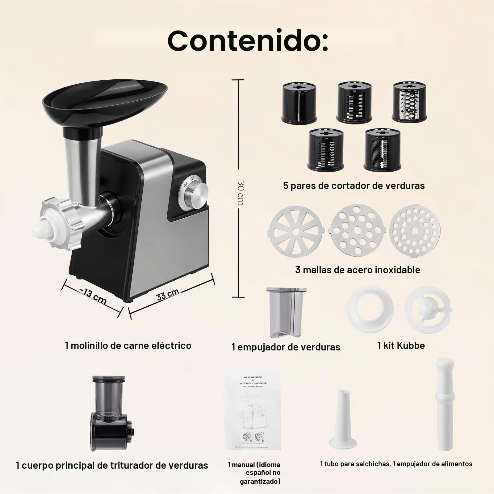 Picadora eléctrica de carne,embutidora de salchichas,y trituradora de verduras de acero inoxidable de 2800W máx, 3 placas de picado, cortador de verduras con 5 cuchillas de corte y kit Kubb