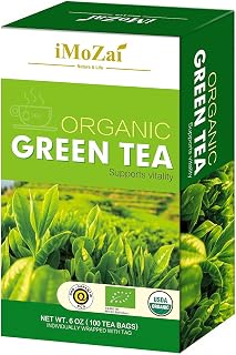 iMoZai Organic Green Tea Bags 100 Count - Individually Wrapped, 100% Natural, Gluten-Free, 20-30mg Caffeine