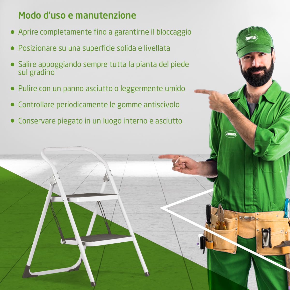 Amig - Scala pieghevole – Sgabello in acciaio con 2 gradini antiscivolo – Dimensioni: 77 x 59 x 48 cm – Peso massimo 150 kg – Finitura bianca con protezioni nere – Per uso professionale e domestico