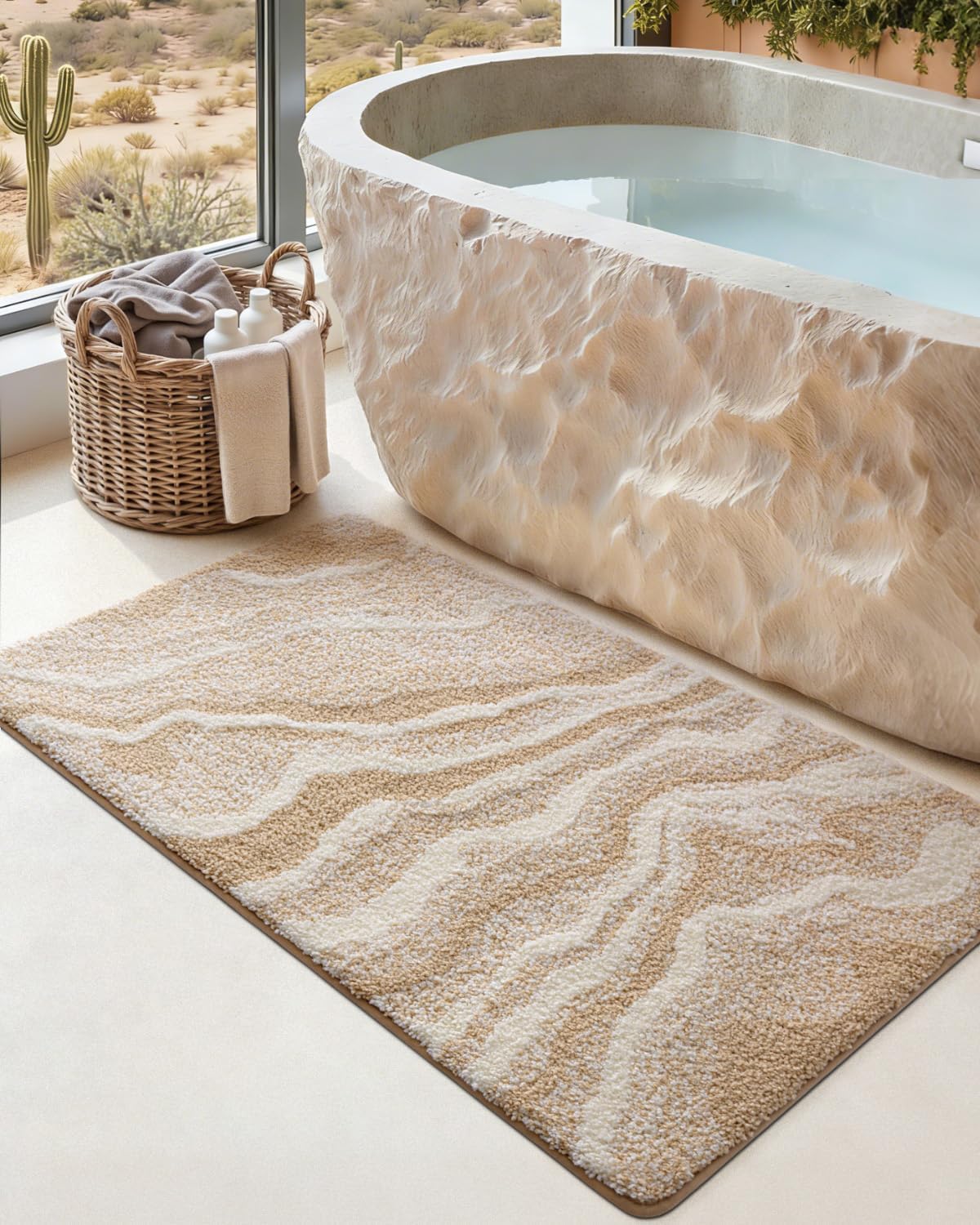 DEXI Bathroom Rug Mat 24x43, Soft and Absorbent Marble Bath Mat, Non Slip Machine Washable Bath Rugs for Shower Floor, Tub, Sink, Beige