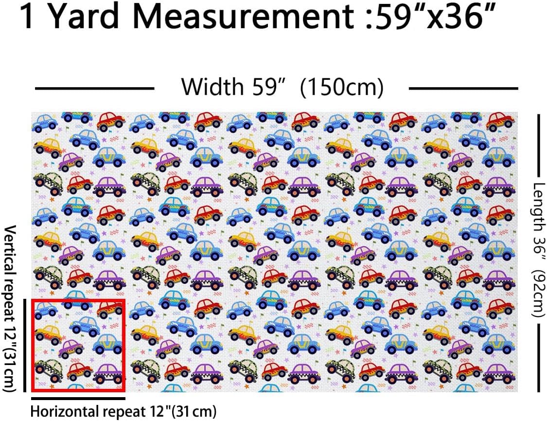Cartoon Tractor Fabric by The Yard Colorful Construction Vehicle Stars Fabric for Kids Boys Teens Rustic Equipment Trucks Competition Flags Fabric for DIY Upholstery and Home Accents 2 Yards,72"Lx59"W
