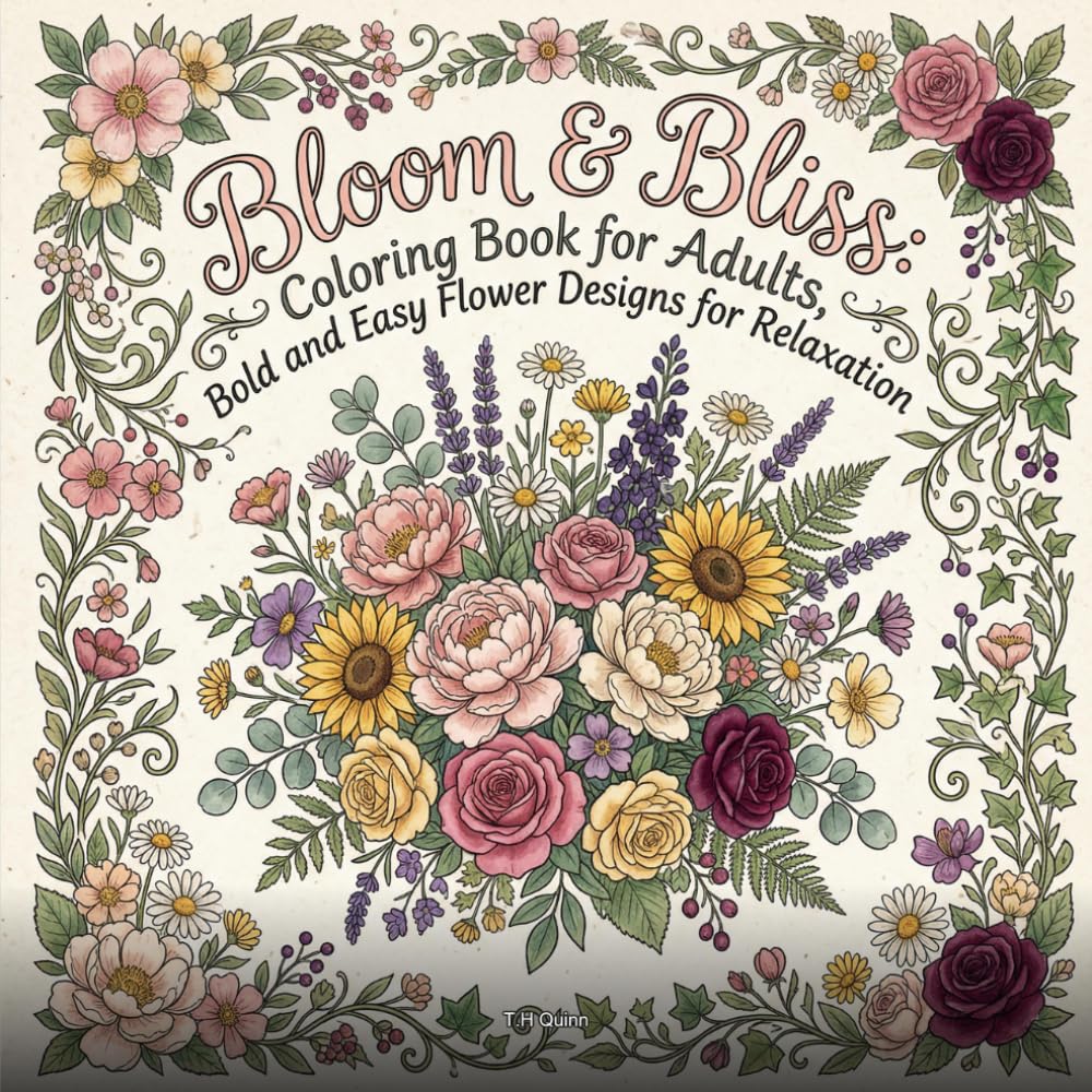 Bloom & Bliss: Coloring Book for Adults, Bold and Easy Flower Designs for Relaxation: 41 Cute Cozy Illustrations Featuring Bouquets, Wreaths, ... | Single-Sided Pages, Large Simple Shapes