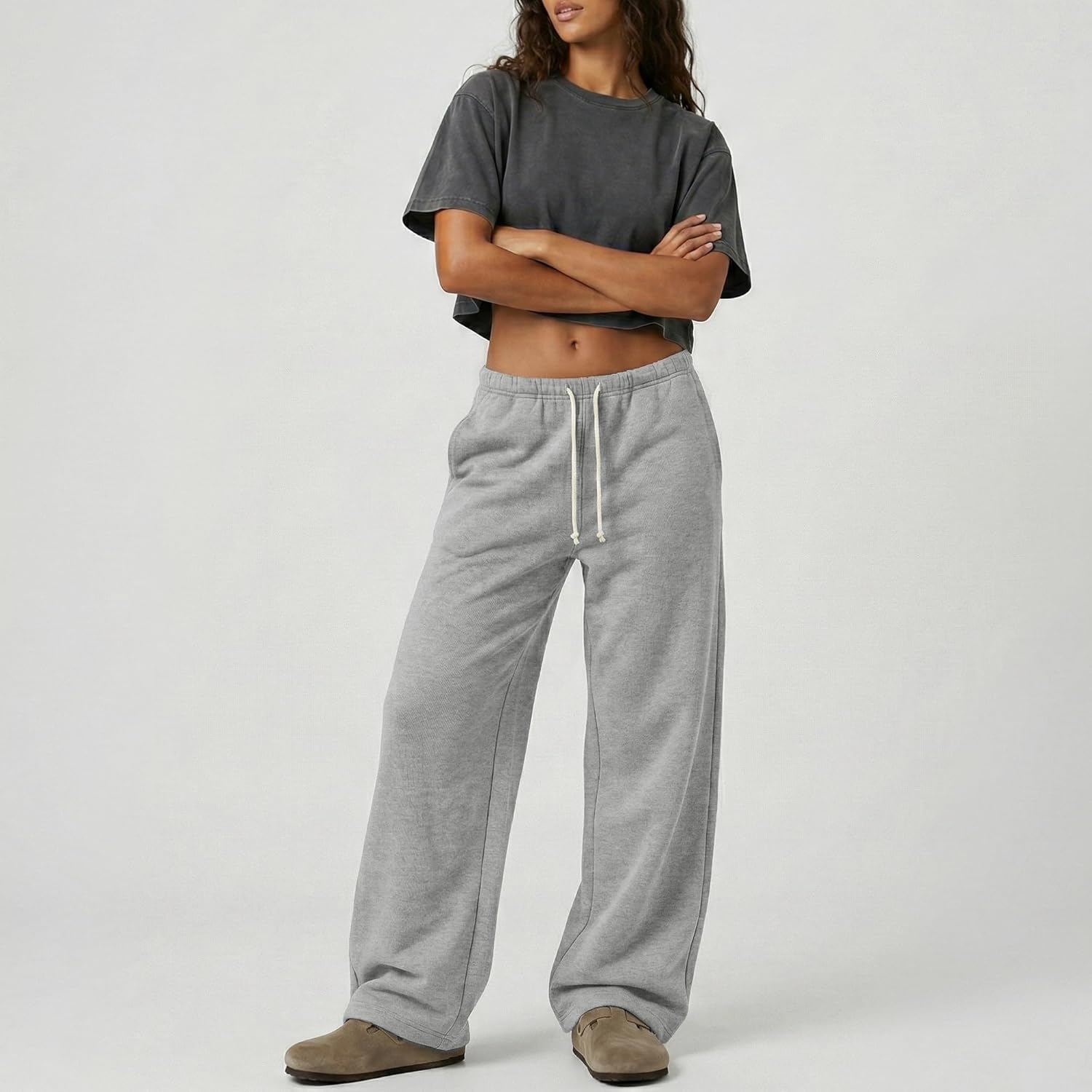 GIVON Women's Fleece Sweatpants Soft Cotton 100% Wide Leg Drawstring Casual Baggy with Low Waist