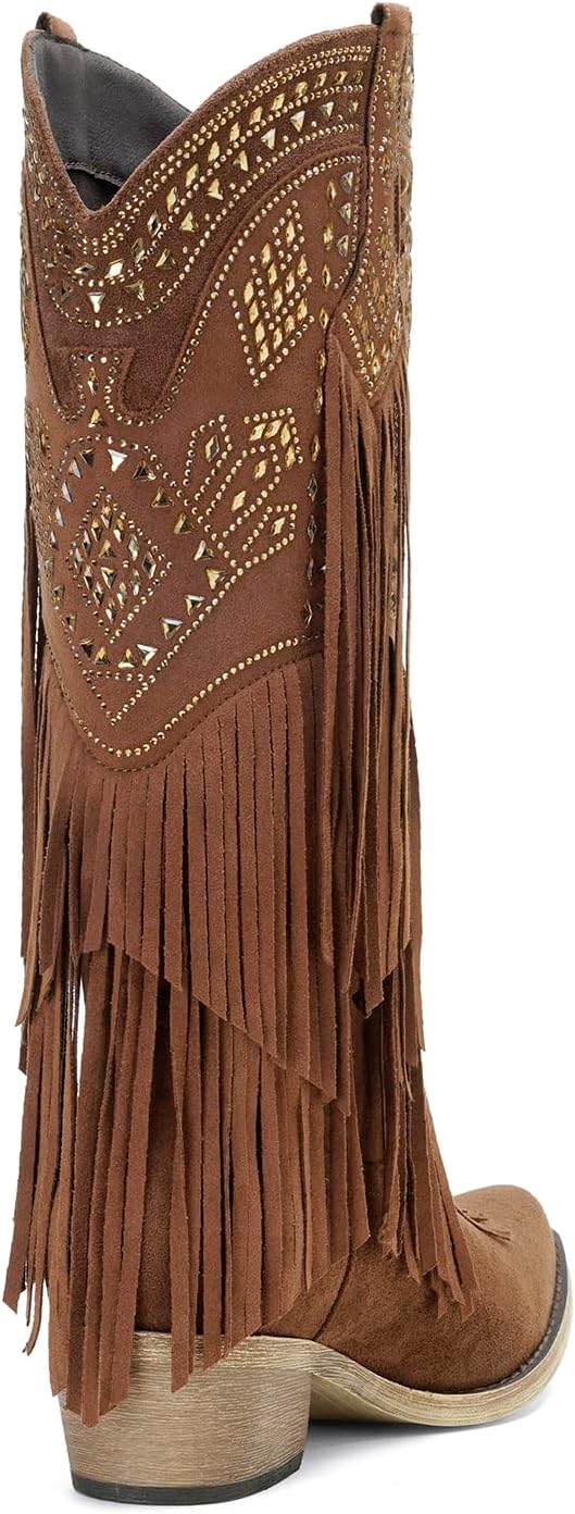 UTIKLIOU Cowboy Boots for Women Knee High Cowgirl Western Fringe Boots Rhinestone Chunky Heel Pointed Toe