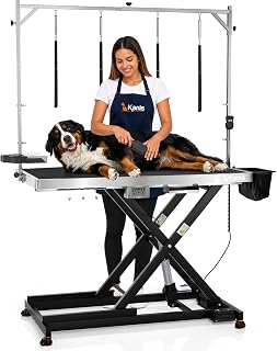 KANIS Professional Electric Dog Grooming Table - Heavy Duty | Height Adjustable Pet Grooming Table w/Leveling Wheels, Dog Grooming Arm, Anti-Slip Tabletop & Tool Organizer (Black, 49")