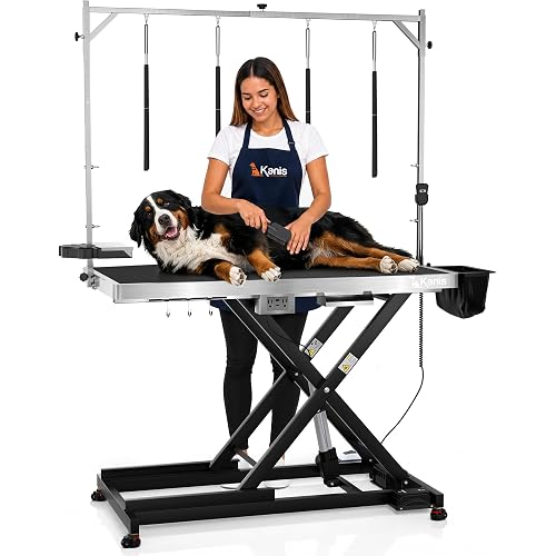 KANIS Professional Electric Dog Grooming Table - Heavy Duty | Height Adjustable Pet Grooming Table w/Leveling Wheels, Dog Grooming Arm, Anti-Slip Tabletop & Tool Organizer (Black, 49")