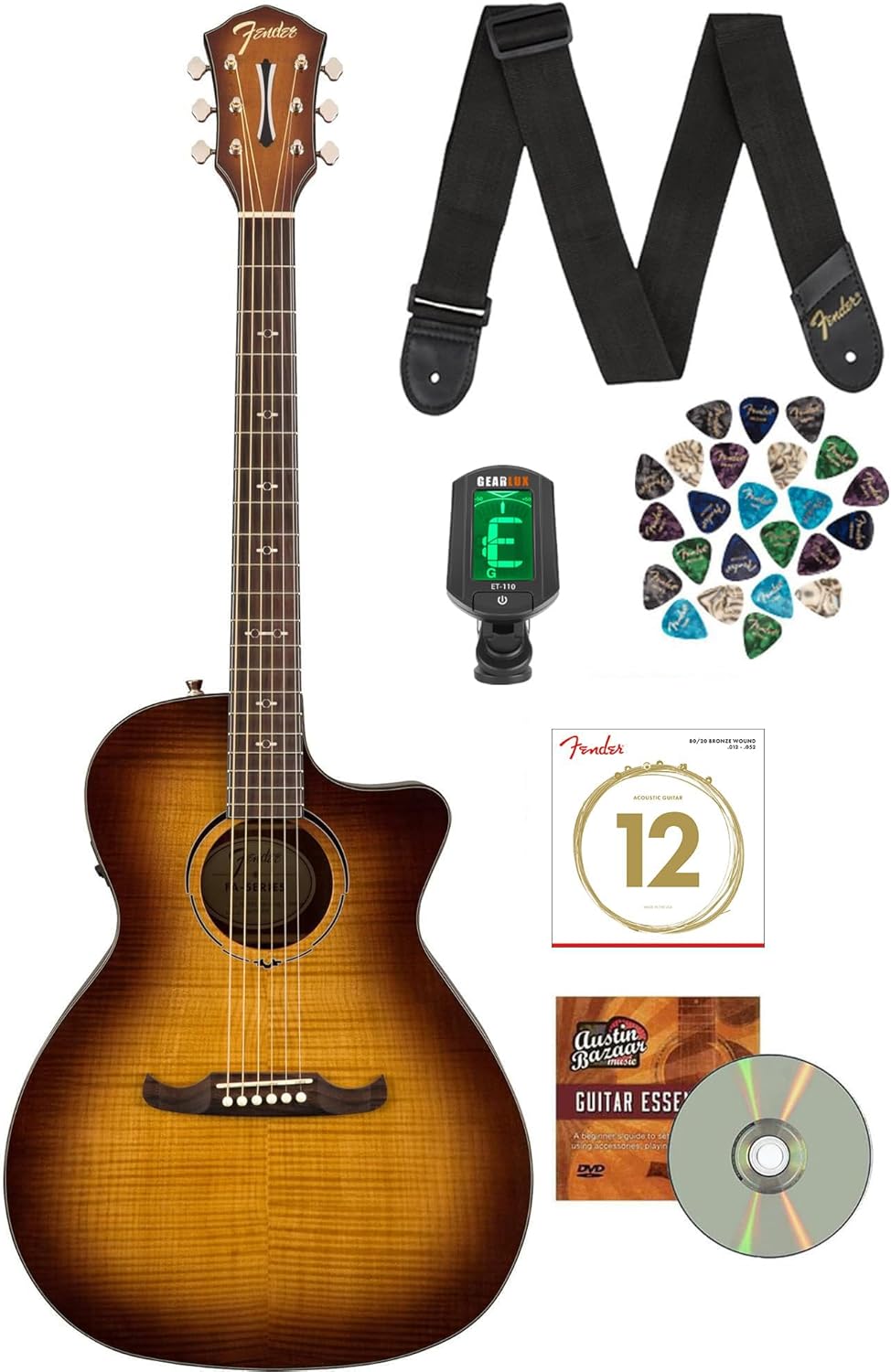 Fender FA-345CE Flame Maple Top Auditorium Acoustic-Electric Guitar - 3-Color Tea Burst Bundle with Tuner, Strings, Strap, Picks, and Austin Bazaar Instructional DVD