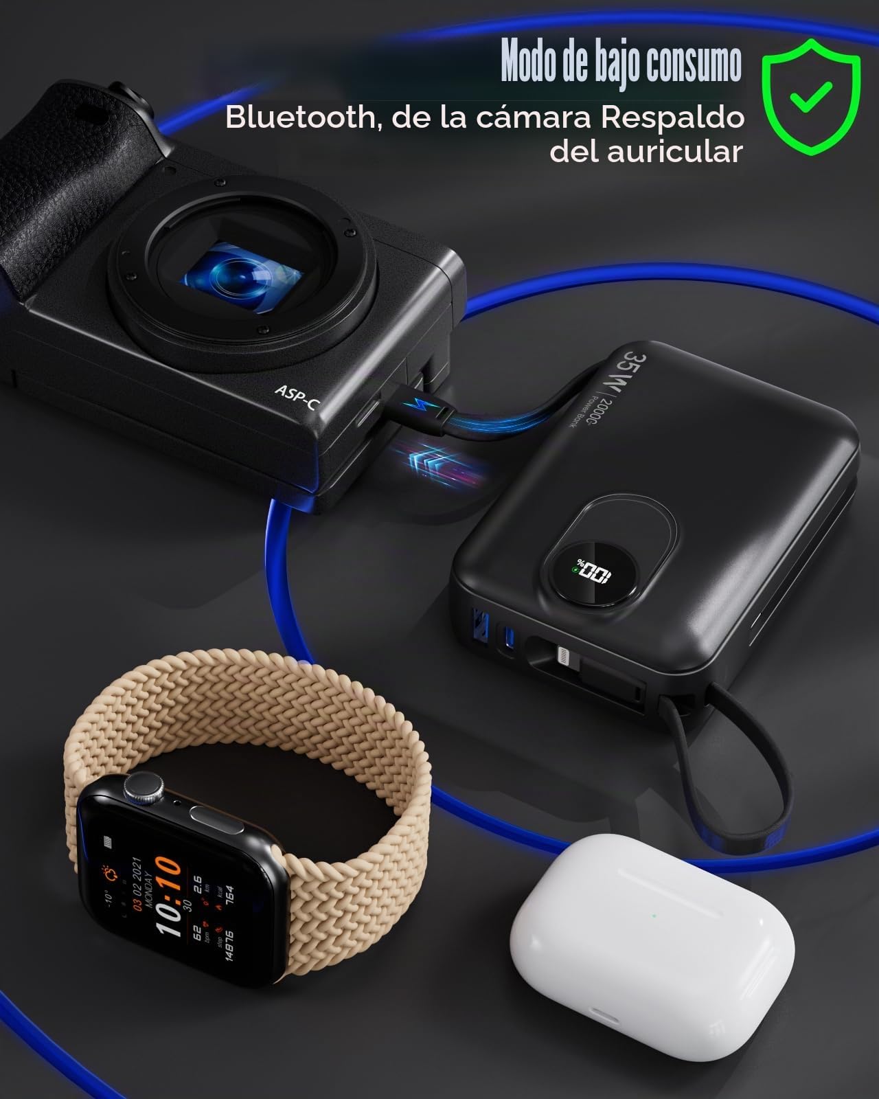 Batería externa de 20000 mAh con cable incorporado: 22,5 W Power Bank de carga rápida para teléfono móvil, batería USB C (Input & Output), cargador portátil con 4 salidas y 2 entradas
