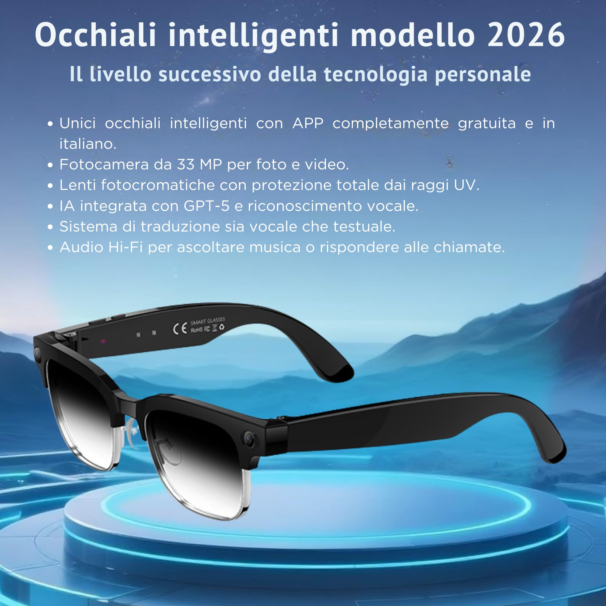 smartia – Occhiali Intelligenti con Fotocamera, Modello 2026, App in Italiano, Occhiali Bluetooth Suono Hi-Fi, IA GPT 5 integrata da Voice, Glasses Fotocromatici, Fotocamera da 33 MP 4K