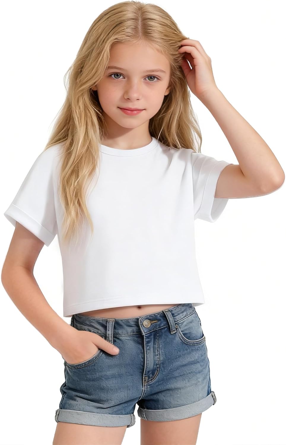 Girls Crop Tops Short Sleeve T-Shirts for Girl Crew-Neck Basic Tee Size 7-14 Years
