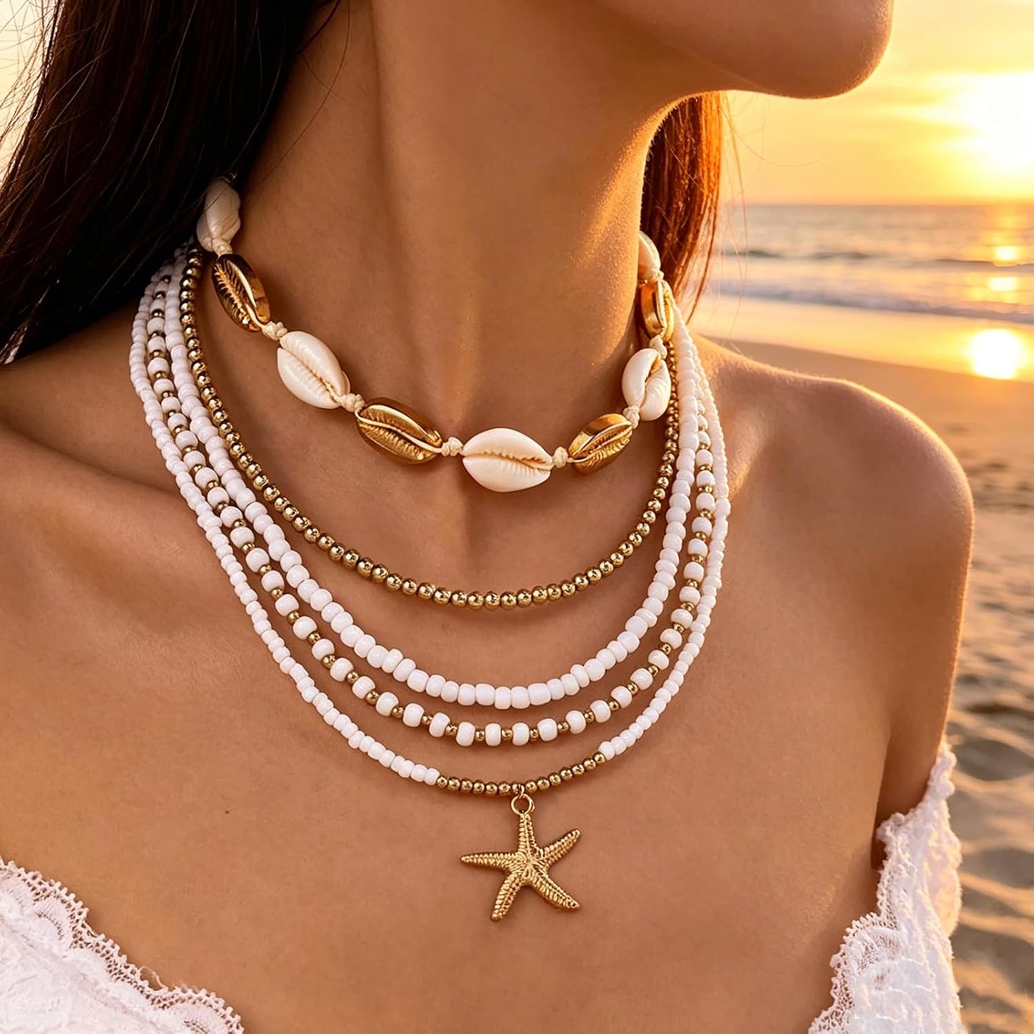 GIGB PBDK Layered Boho Shell Beaded Necklaces for Women Bohemia Adjustable Beach Surfer Starfish Choker Fashion Sandbeach Heishi Necklace Ocean Vacation Jewelry