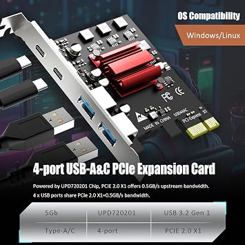 GLOTREND U3044AC 4-Port PCIe USB Expansion Card, 2 USB-C & 2 USB-A Ports (USB 3.2 Gen 1), Compatible with Windows Linux (Not for Mac OS)