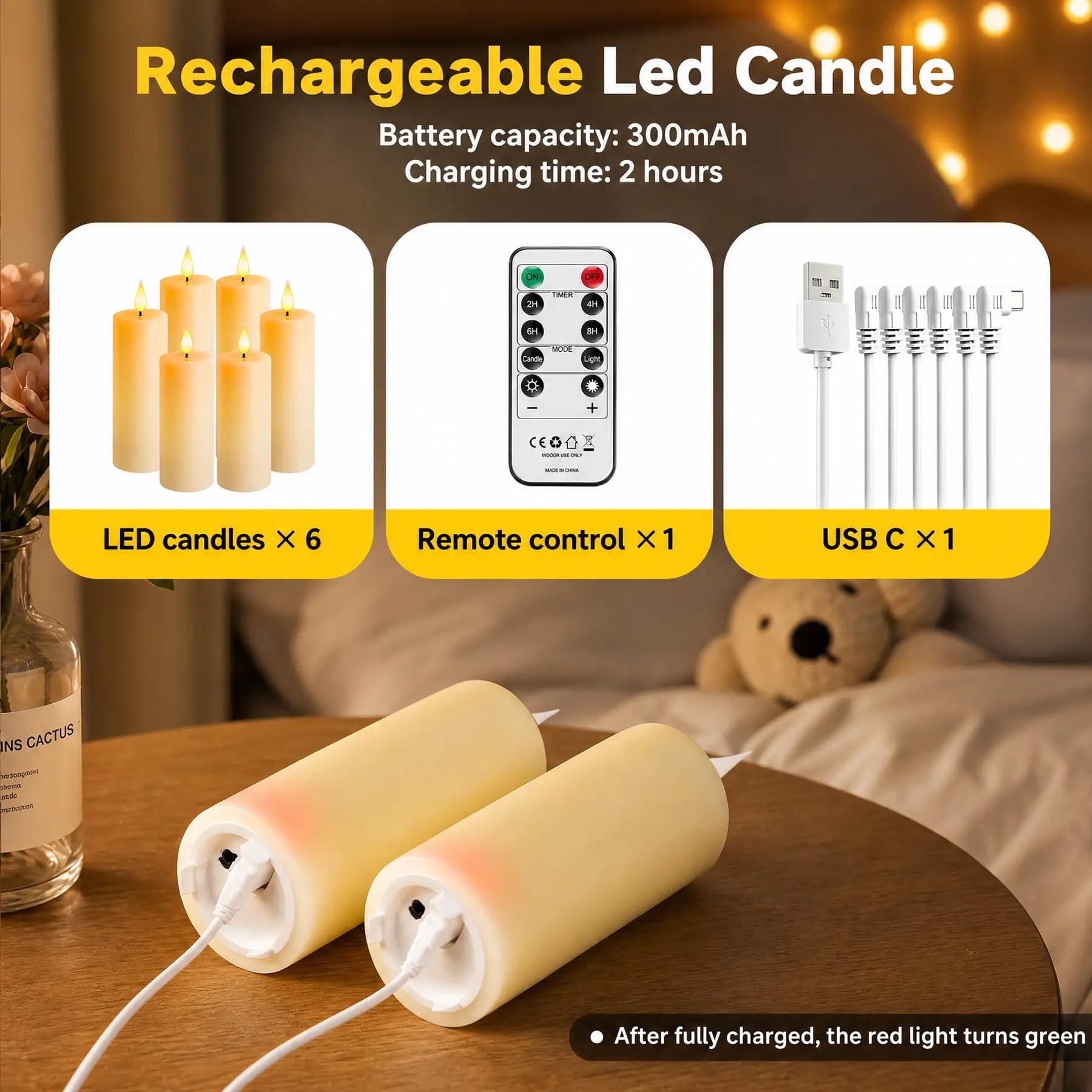 Broyal Set di 6 Candele a LED,Candele Led Ricaricabili(16/14/12cm),Candele Senza Fiamma,Candele LED con Telecomando e Funzione Timer