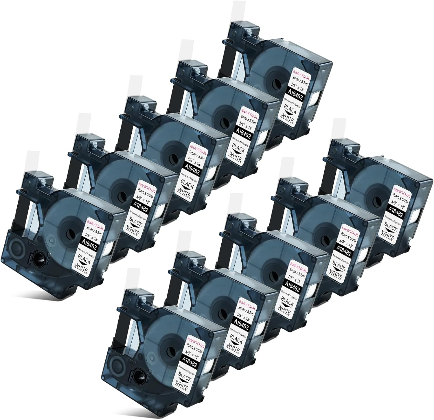 10 X Compatible with Dymo Permanent Polyester Industrial Label Tape 18482 A18482 Black on White 9mm 3/8 inch x 18 Feet Replacement for Rhino 1000 3000 5200 4200 3M PL100 PL200 Label Maker