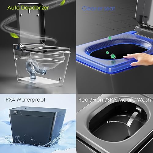 Miniatura 4 de Inodoro inteligente cuadrado  Inodoro inteligente sin tanque de alta gama con bidé integrado, tapa de apertura y cierre automático, asiento térmico,