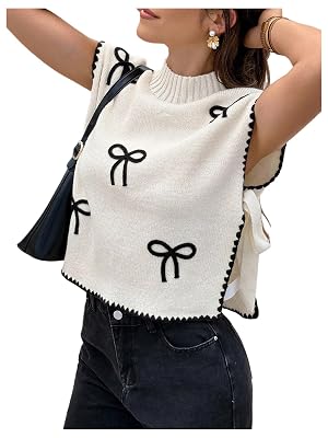 WDIRARA Womens Bow Embroidery Tie Side Sweater Vests Mock Neck Sleeveless Knit Tank Tops