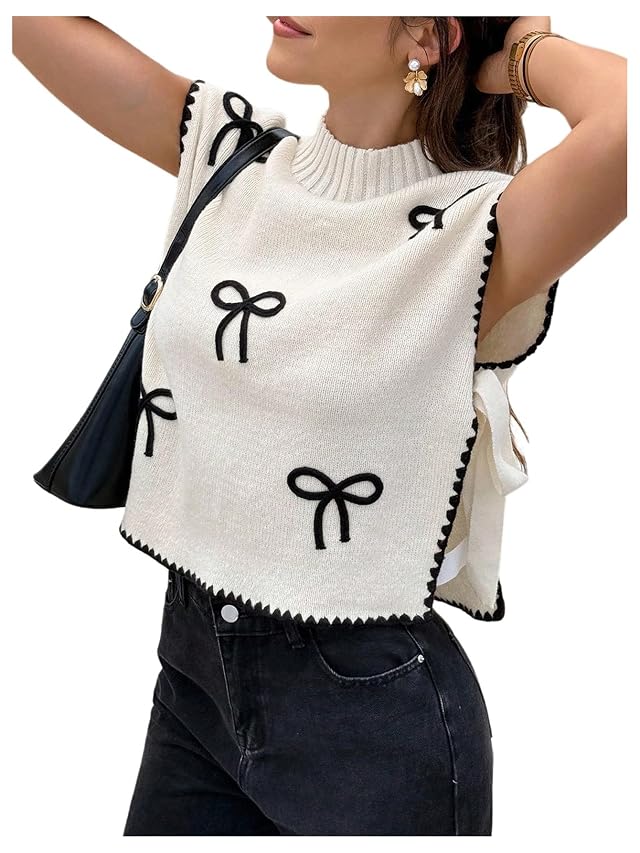 WDIRARA Womens Bow Embroidery Tie Side Sweater Vests Mock Neck Sleeveless Knit Tank Tops