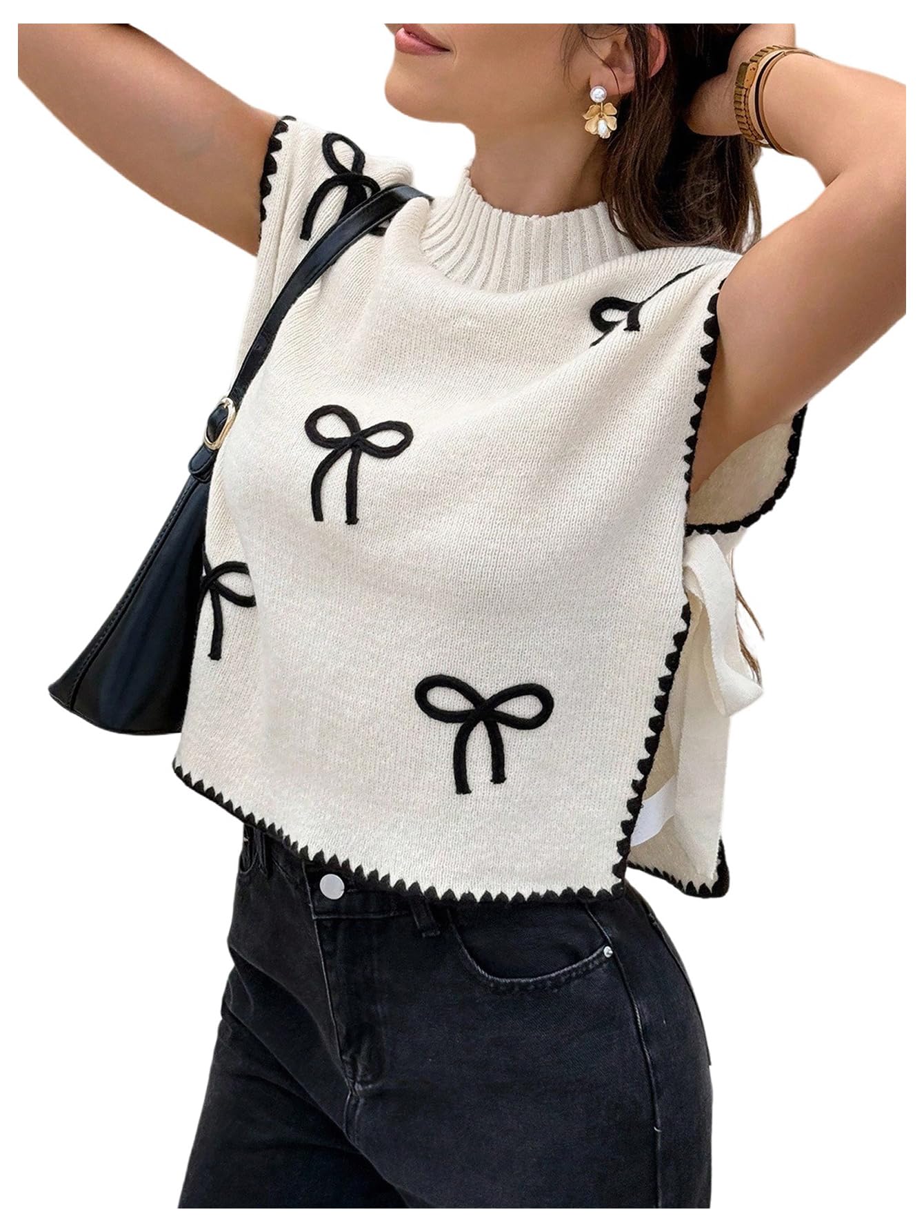 WDIRARA Womens Bow Embroidery Tie Side Sweater Vests Mock Neck Sleeveless Knit Tank Tops