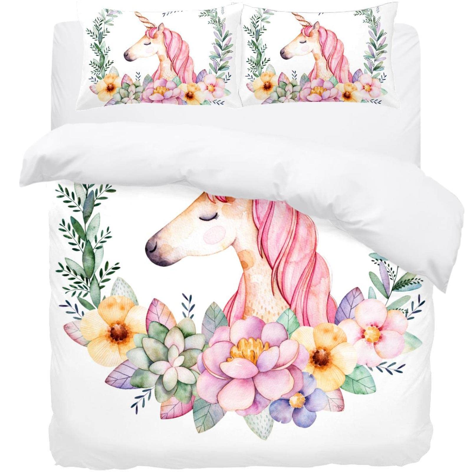 Parure de lit simple housse de couette motif aquarelle licorne aux finitions soignées
