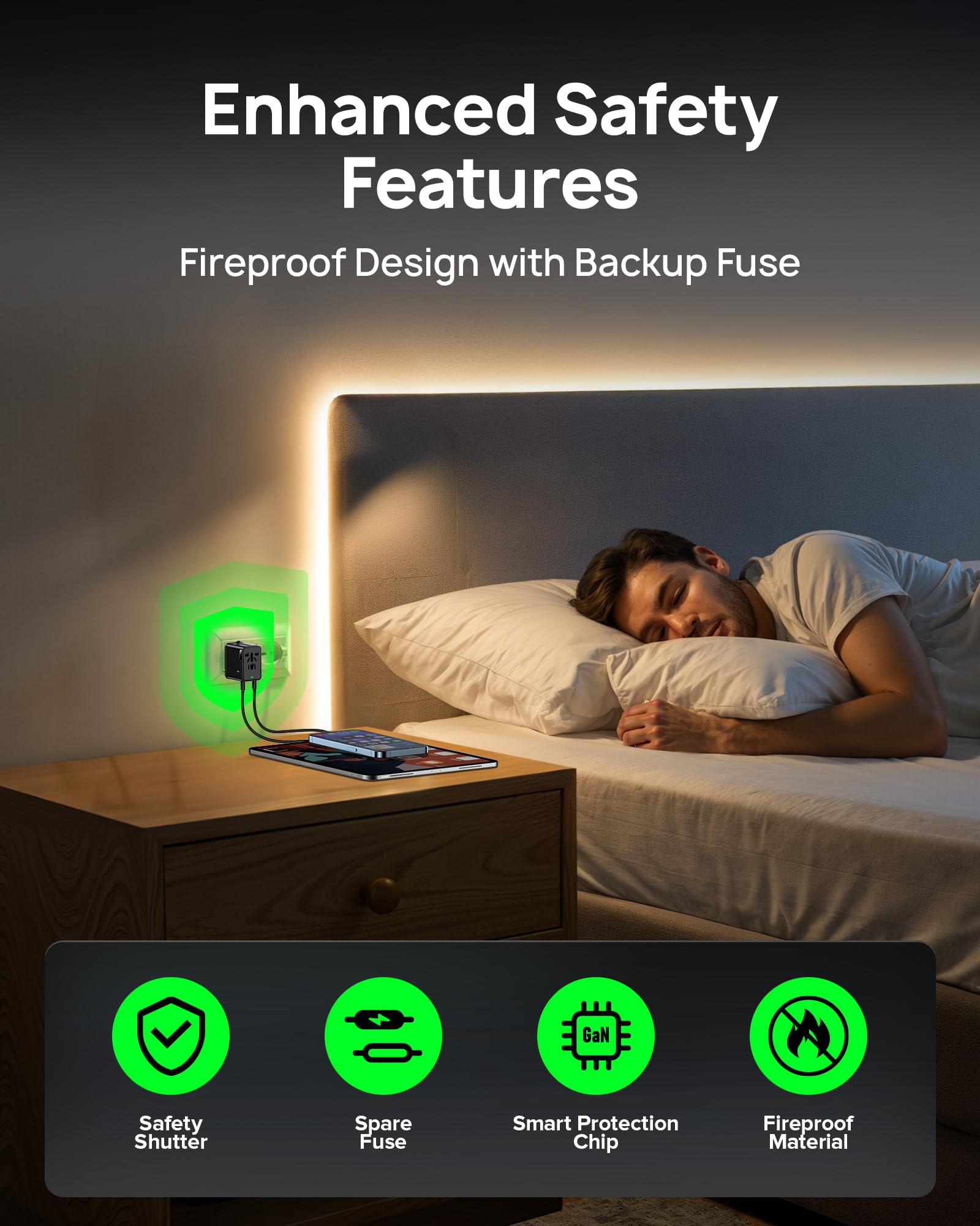 Adattatore da viaggio 75W, adattatore universale europeo GaN a ricarica rapida con 5 porte (1 AC, 1 USB-A e 3 USB-C), spina adattatore con chip intelligente per oltre 200 paesi, caricabatterie PD & QC
