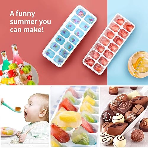 Vista 2 de Bandejas para cubitos de hielo, paquete de 4 unidades, silicona Airabc con tapa extraíble, bandejas flexibles de 14 cubos de fácil liberación, Azul