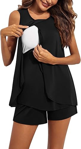 Miniatura 2 de Ekouaer Conjunto de pijama de lactancia para mujer, ropa de dormir de doble capa, sin mangas, top y pantalones cortos, pijamas de embarazo
