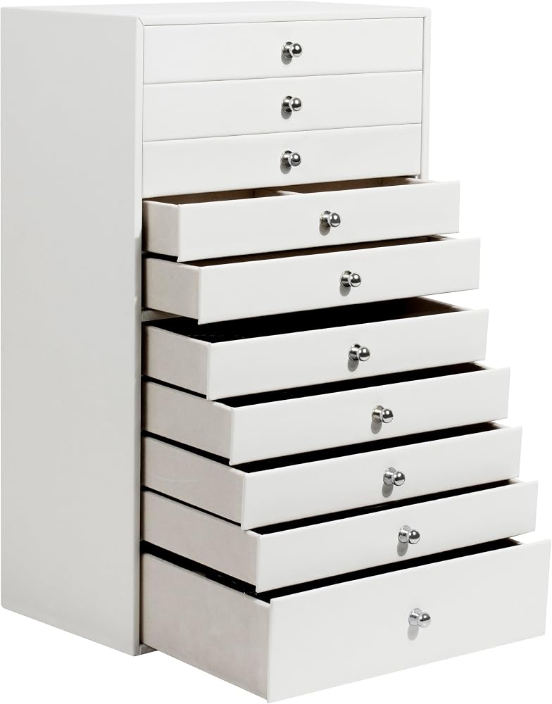 GUKA Joyero grande, joyero con 10 cajones para joyas grandes y pequeñas, organizador de almacenamiento de joyas para relojes, pendientes, collares, anillos, pulseras, regalos de cumpleaños, bodas, color blanco