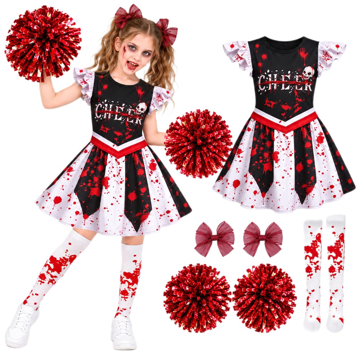 5pc Girls Zombie Cheerleader Costume for Girls Halloween Costumes
