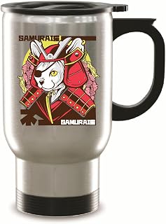 Japanese Samurai Cat Gift for Pet Lovers Unique Design with Japanese Writing 14oz Steinless Steel Travel Mug