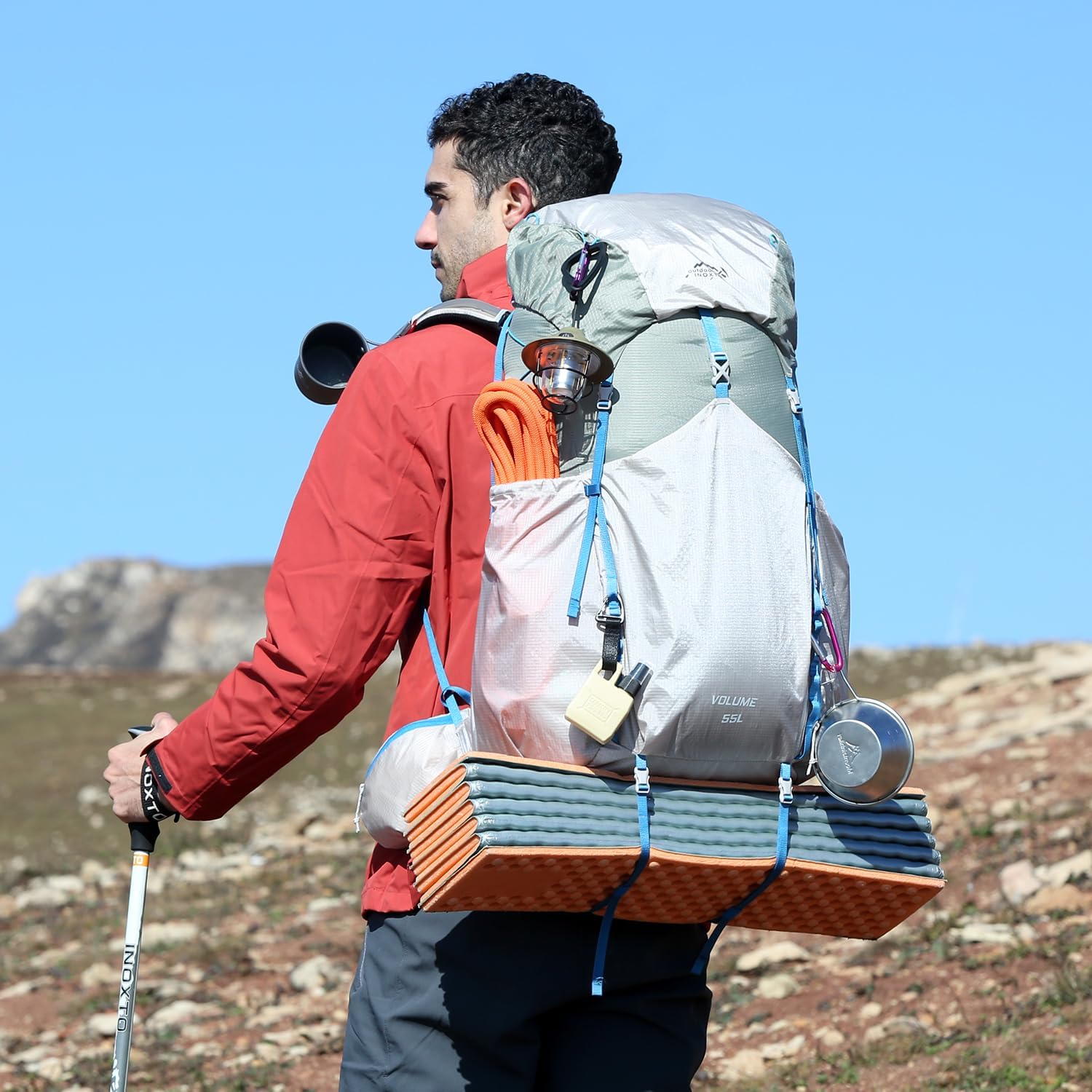 IX INOXTO 55L Internal Frame Waterproof Hiking Camping Backpack with 3L Water Bladder and Rain Cover, Large Lightweight Travel Daypack Rucksack for Climbing (Light Gray) - Image 8