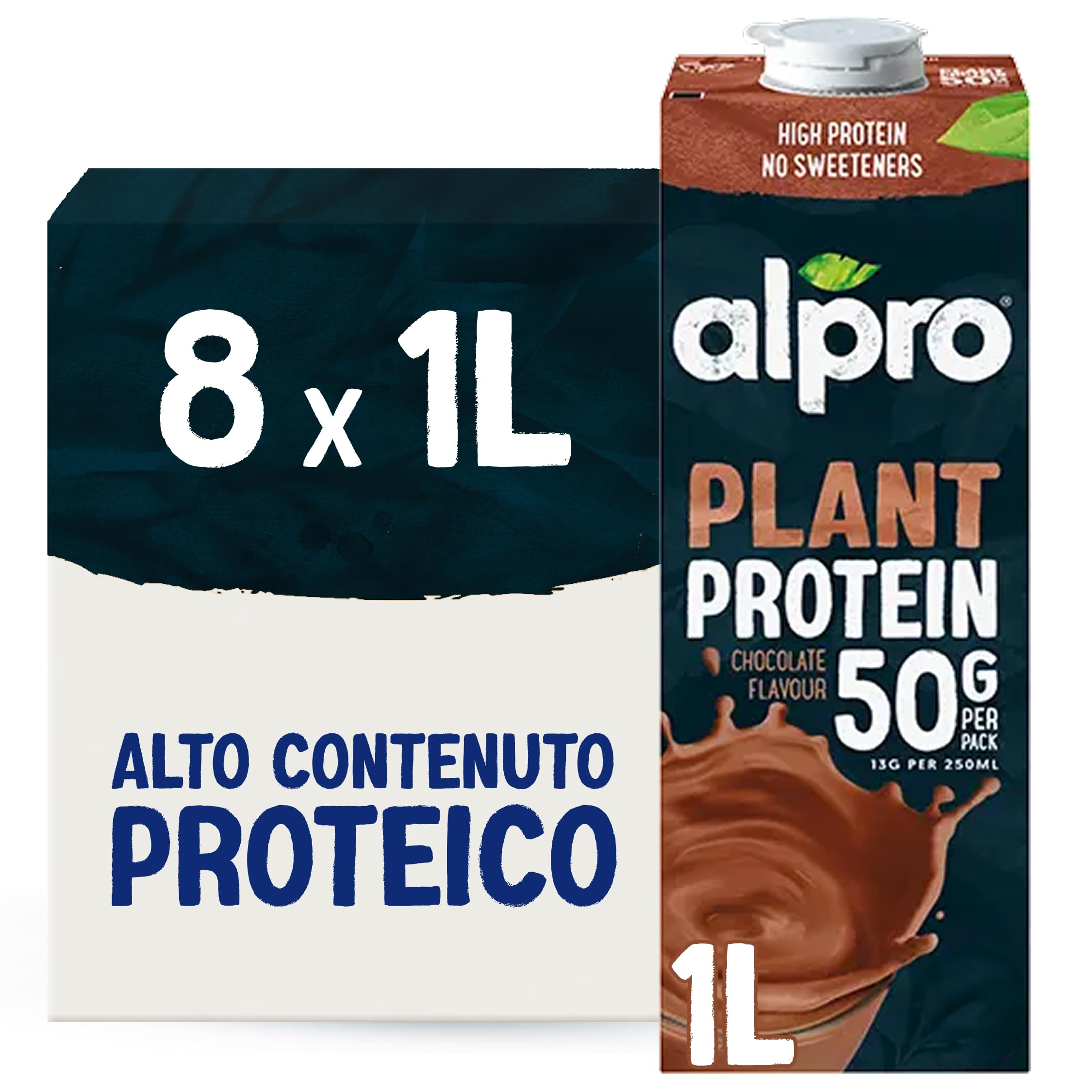 ALPRO PROTEIN 50g Bevanda alla SOIA al gusto CIOCCOLATO Naturalmente Senza Lattosio con Vitamine B2 B12 e D - 8 confezioni x 1 Litro