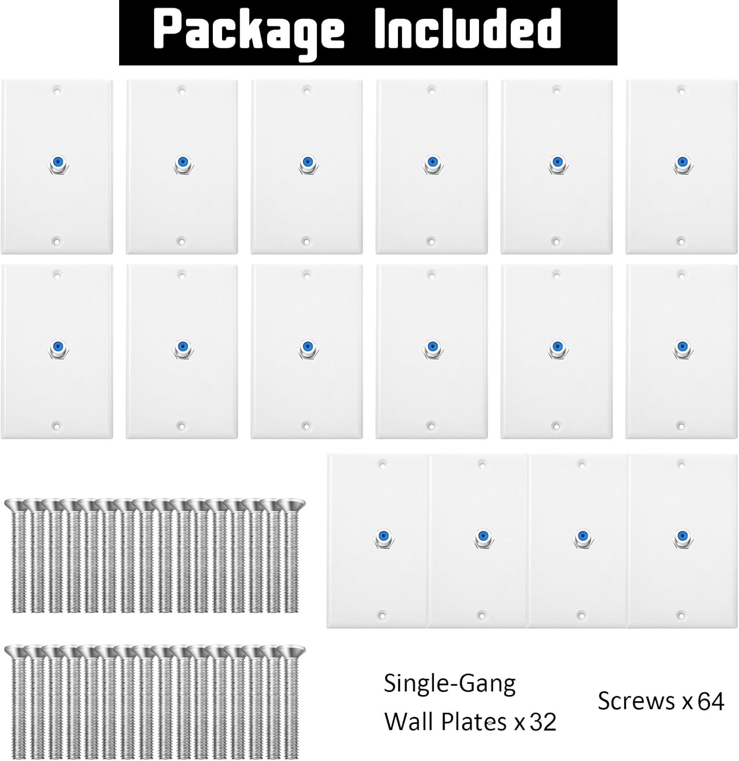 Weewooday 32 Pcs 1-Port TV Cable Wall Plate with F Connector Coax Wall Plate Video Jack Single Gang (Blue)