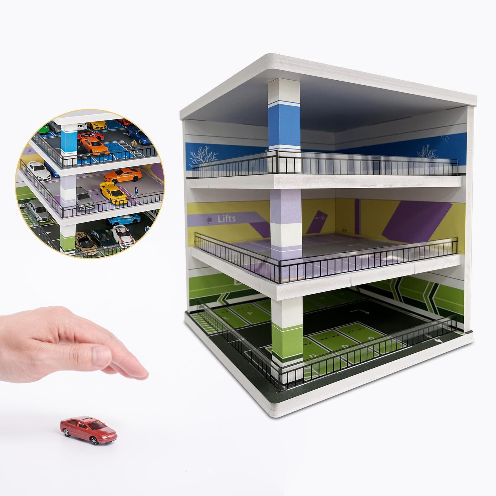 Organisierte Vitrine auf einem Parkplatz zur Präsentation von Diecast Modellautos im Maßstab 1:64 mit einzigartigem szenischem Reiz –