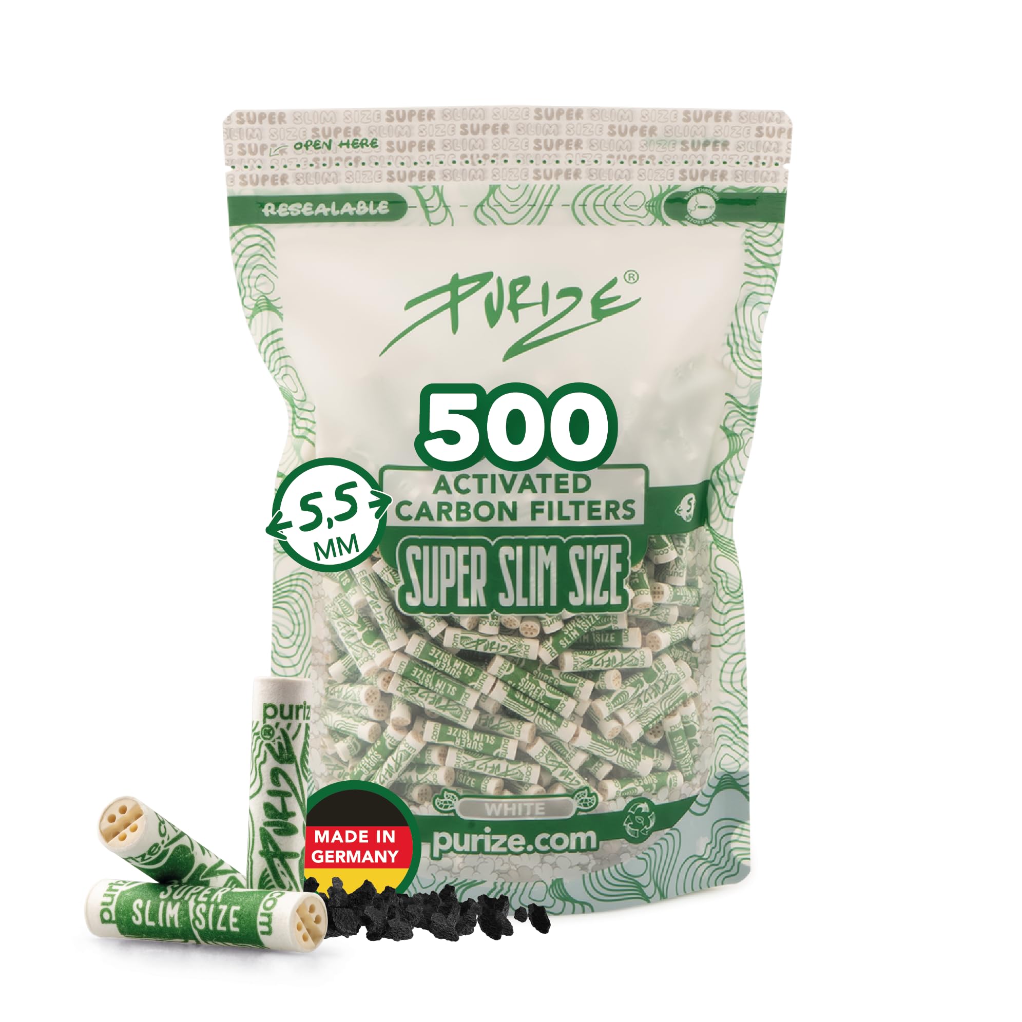 PURIZE® SUPER Slim Size Aktivkohlefilter ø 5,5 mm – 500er Pack - Weiß | Aktivkohle auf Kokosnuss-Basis, extraschlankes Design, Keramikkappen beidseitig, wiederverschließbar, Made in Germany