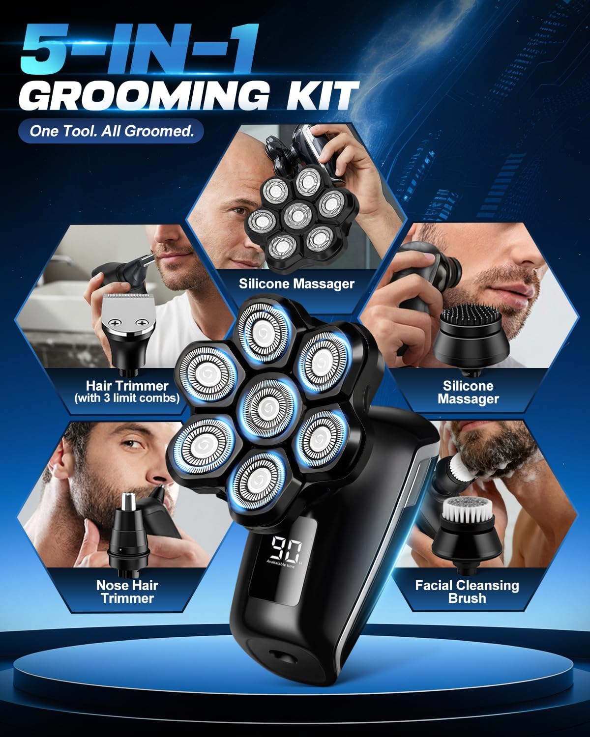 Head Shavers for Blad Men, 7D Floating Blades Electric Head Shaver, IPX7 Waterproof Wet Dry Bald Head Shaver, Magnetic Detachable Rechargable Head Shavers, Gifts for Man Male Father Husband - Image 6