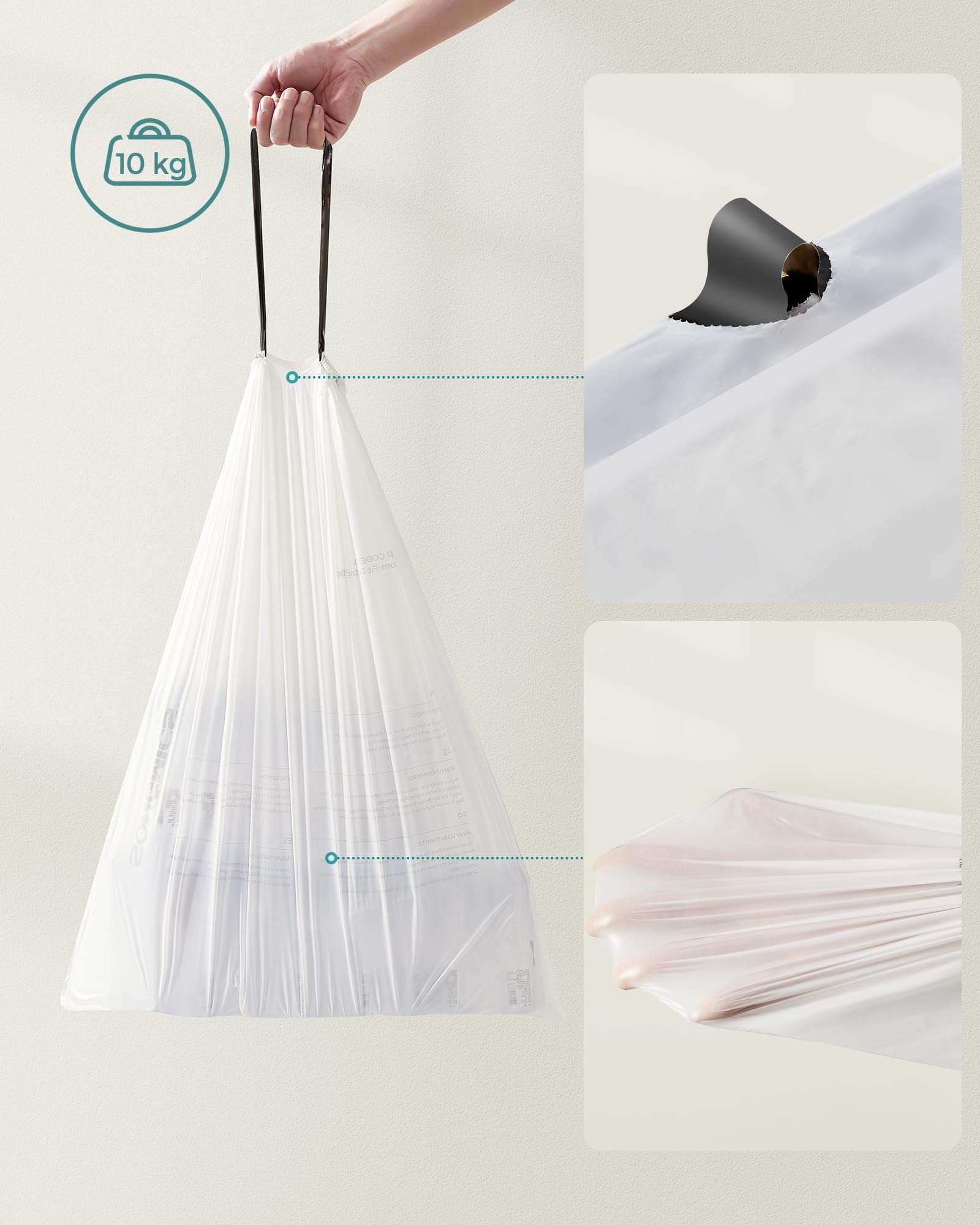 SONGMICS Sacchi Spazzatura, Sacchetti per Immondizia con Manici a Cordoncino, Sacchi per Pattumiere da Cucina da 50L, Pre-separati, Codice 050A01, 2 Rotoli, 80 Pezzi, Bianco KRB050A02