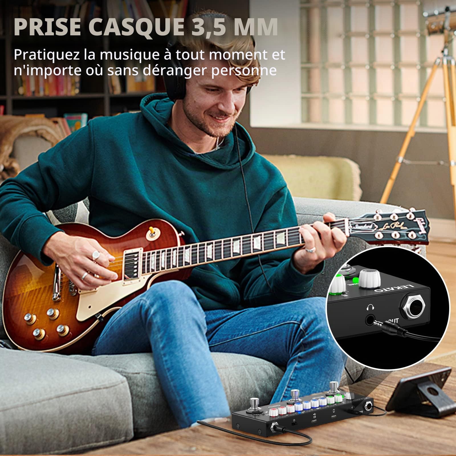 LEKATO Pédale de Guitare Multi-Effets pour Guitare Bass Electrique avec Chargement Infrarouge, Modification, Enregistrement PC/Téléphone, Accordeur, Sortie Casque 3,5 mm, 8H Temps de Travail