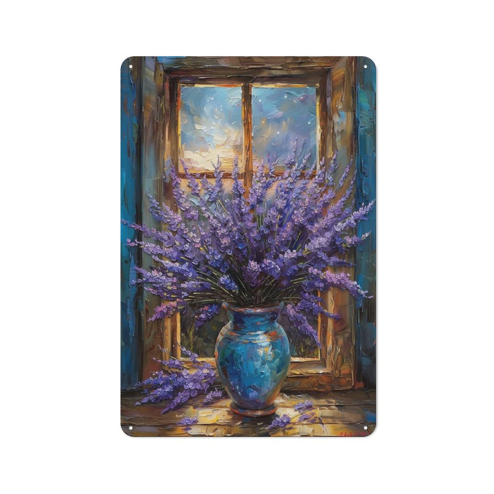 Rustic Metal Tin Sign, Sunset Window Lavender Floral Painting, Home Bedroom Elegant Wall Decor 12x8 Inch