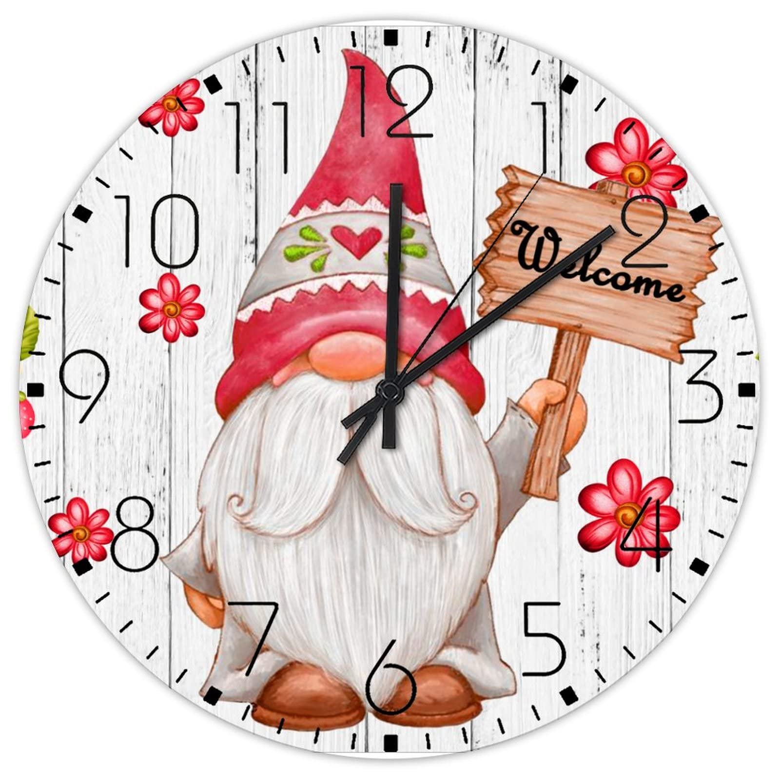 Horloge murale en bois ronde de 30cm au design de nain de Pâques rétro pour hall et porche