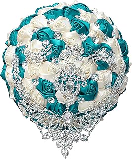 Handmade Luxury Wedding Bridal Bouquet Large Silk Rose Holding Toss Artificial Flowers Bouquets with Satin Ribbon Pearls Rhinestone for Bride Vintage Royal Wedding Bouquet (Teal Blue + Ivory)
