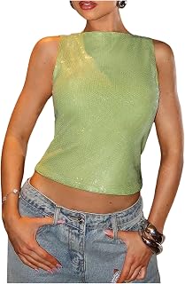 MakeMeChic Women's Sparkly Sequin Tank Tops Going Out Rave Tops
