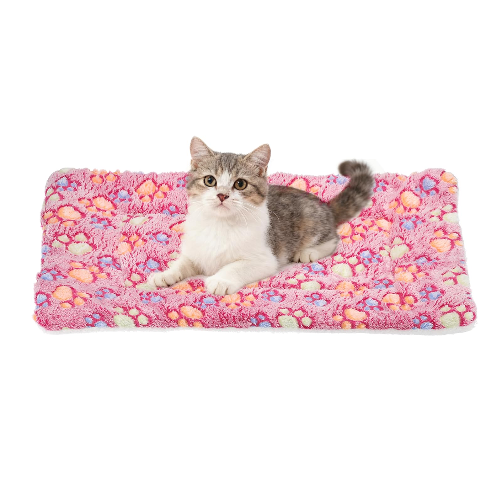 sourcing map Dog Cat Bed Mat, Soft Coral Fleece Pet Cushion Pad with Cute Paw Print, Warm Washable Pet Bed 21x14 Inches, (Pink), Intended for Medium Small Dog Cat