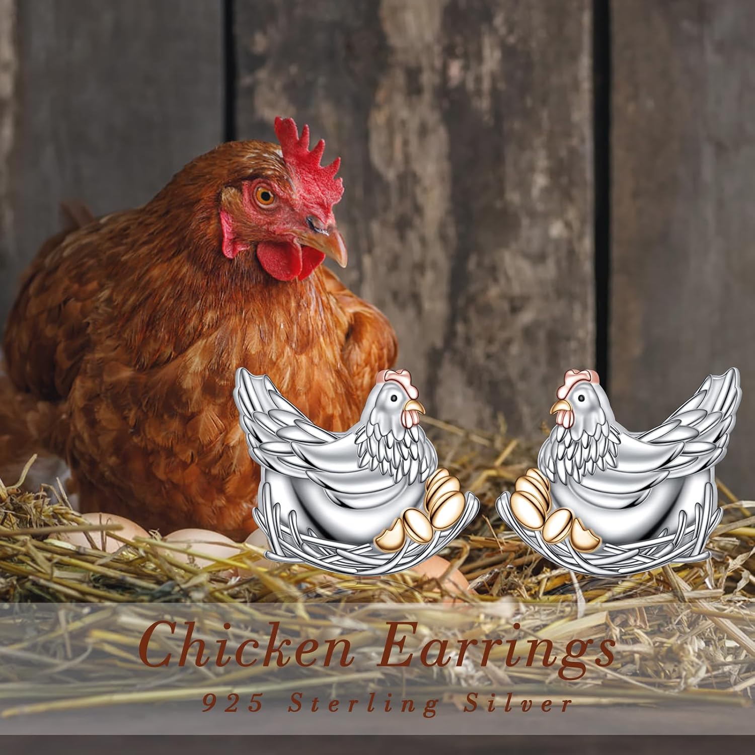 Alphm Chicken Earrings for Women 925 Sterling Silver Silkie Chicken/Rooster Stud Earrings Cute Farm Jewelry Chicken Lovers Gift for Mom Daughter Girlfriend