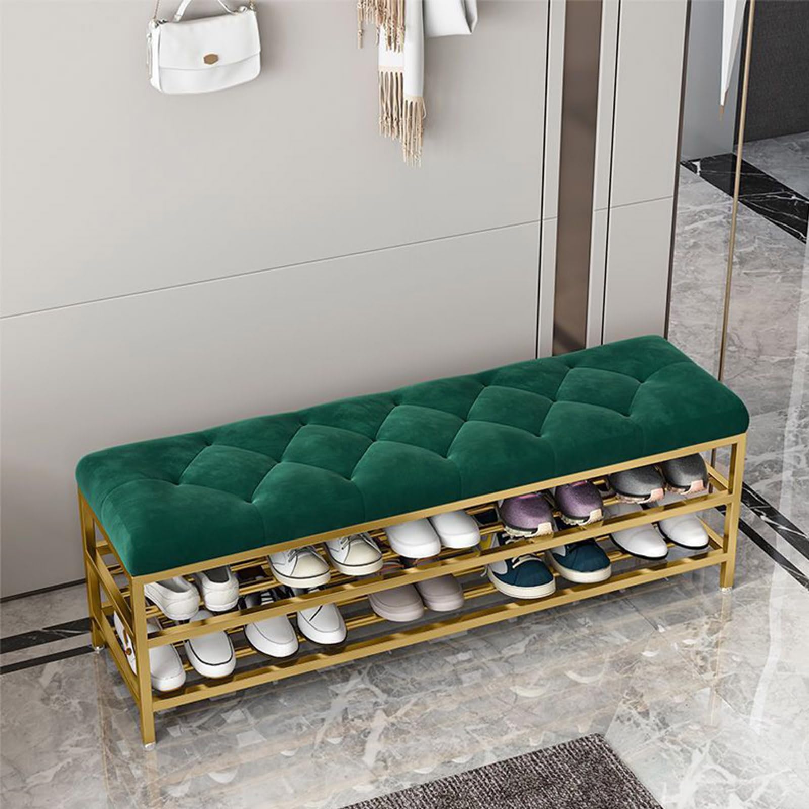 Banc d'entrée avec rangement pour chaussures et siège rembourré en métal noir