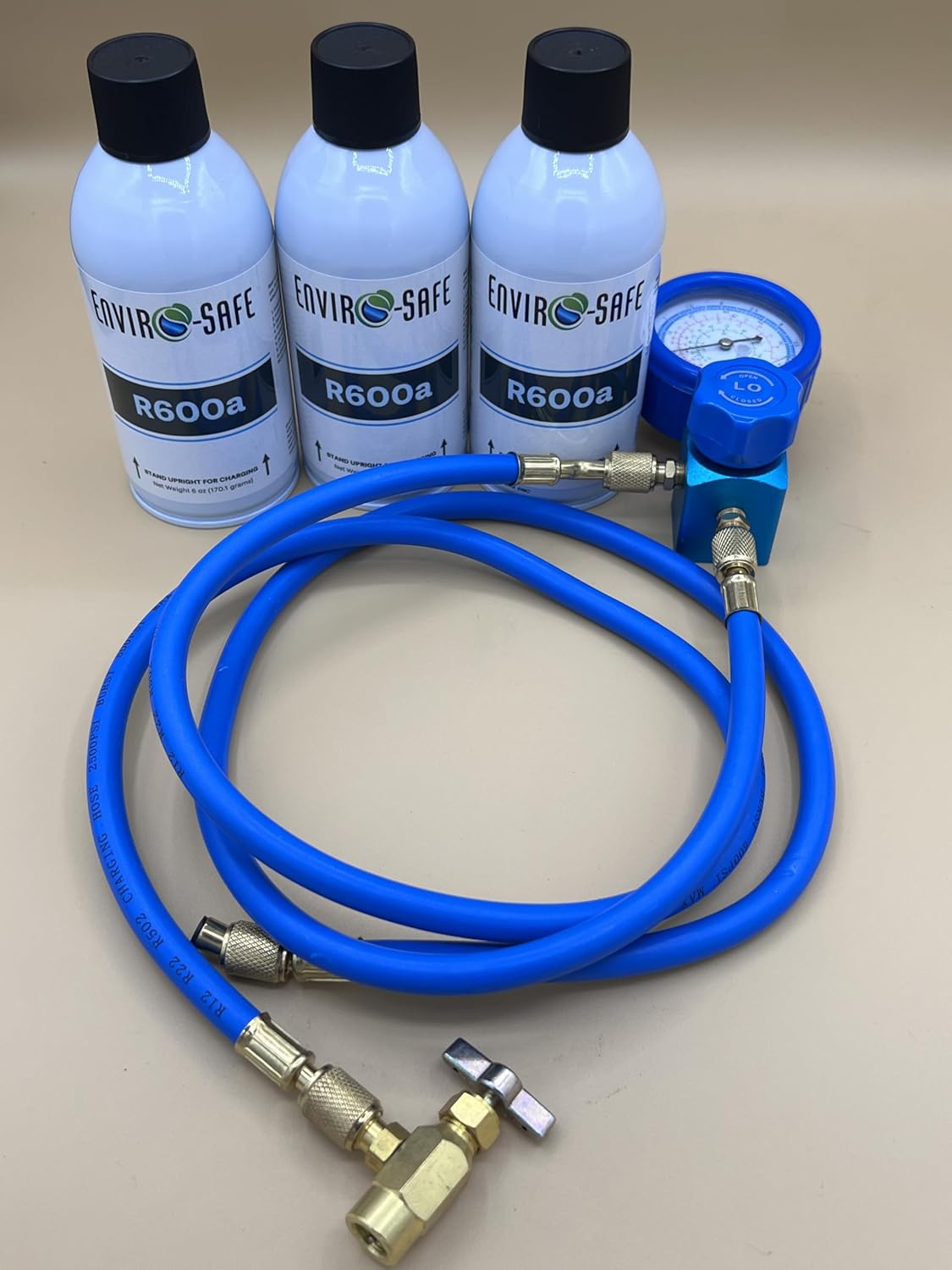 ENVIRO-SAFE R600a Refrigerant, 6oz Upright Self Sealing Style Top, 99.7% Purity, EPA Approved Hydrocarbon, 3 Cans with Recharge Kit