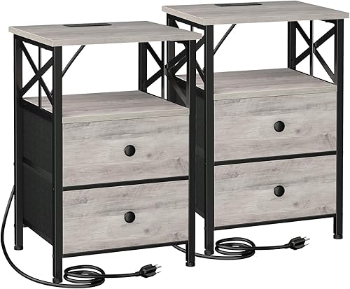 AMHANCIBLE Juego de 2 mesitas de noche con estación de carga, mesas auxiliares para sala de estar con puertos USB y tomacorrientes, mesitas de noche