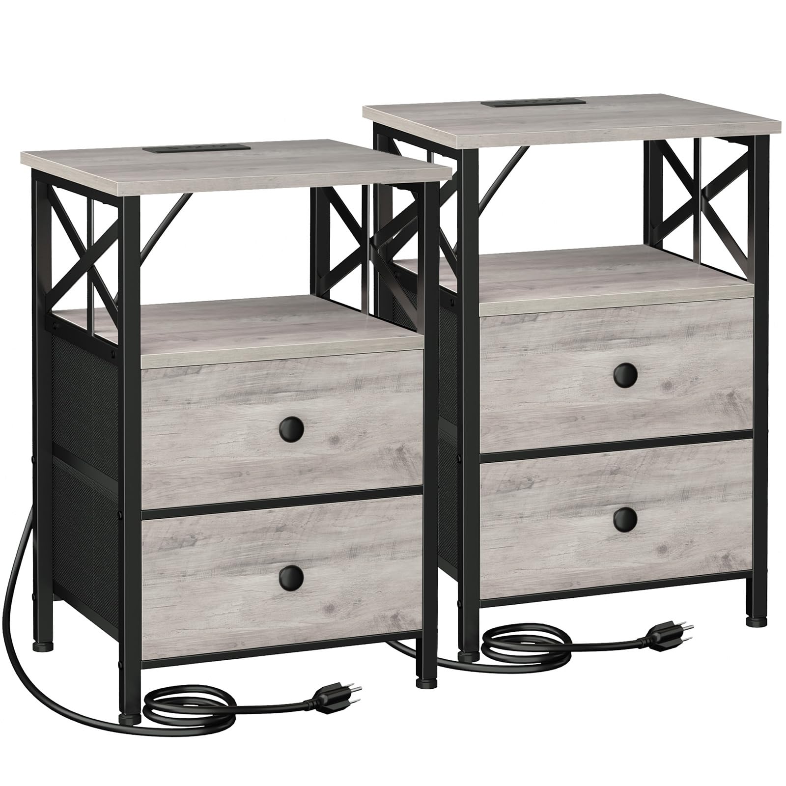 AMHANCIBLE Night Stand Set 2, Nightstand with Charging Station, End Tables Living Room with USB Ports and Outlets, Bedside Tables with Fabric Drawers
