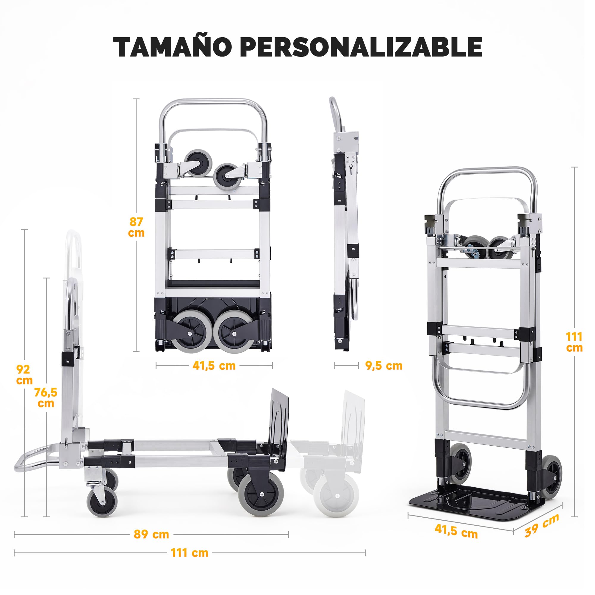 CREWORKS Carretilla Plegable de Aleación de Aluminio 2 en 1, Capacidad Máxima de Carga de 270kg Carro Plegable con Ruedas Bloqueables y 2 Correas para Mudanzas de Casas Estudio y Supermercados