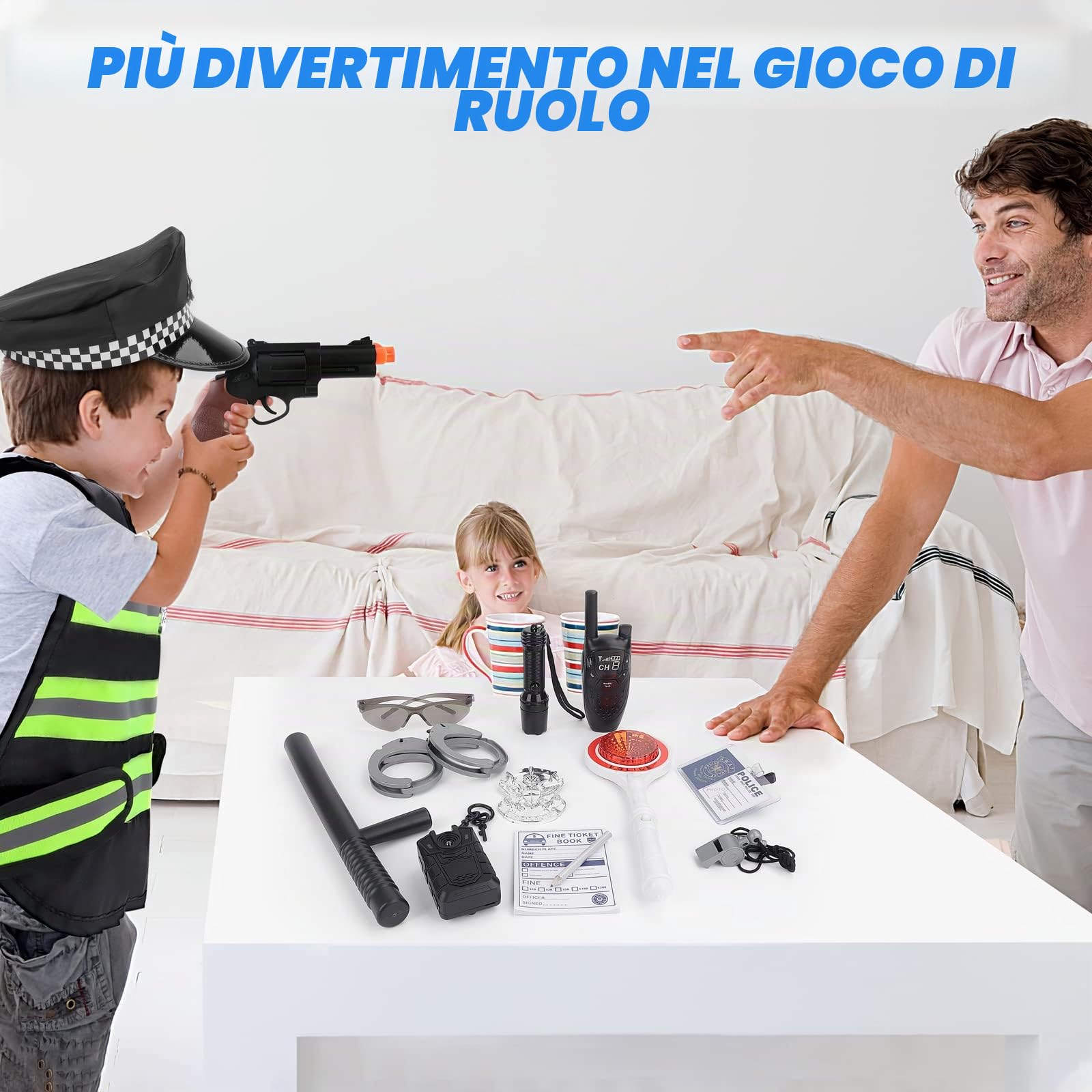 deAO Costume Poliziotto Bambino, 14PCS Accessori Polizia per Bambini | Giocattolo Attrezzatura della Polizia, Gilet Occhiali da Sole, Walkie Talkie Giocattolo Gioco di Ruolo per Halloween 6+anni