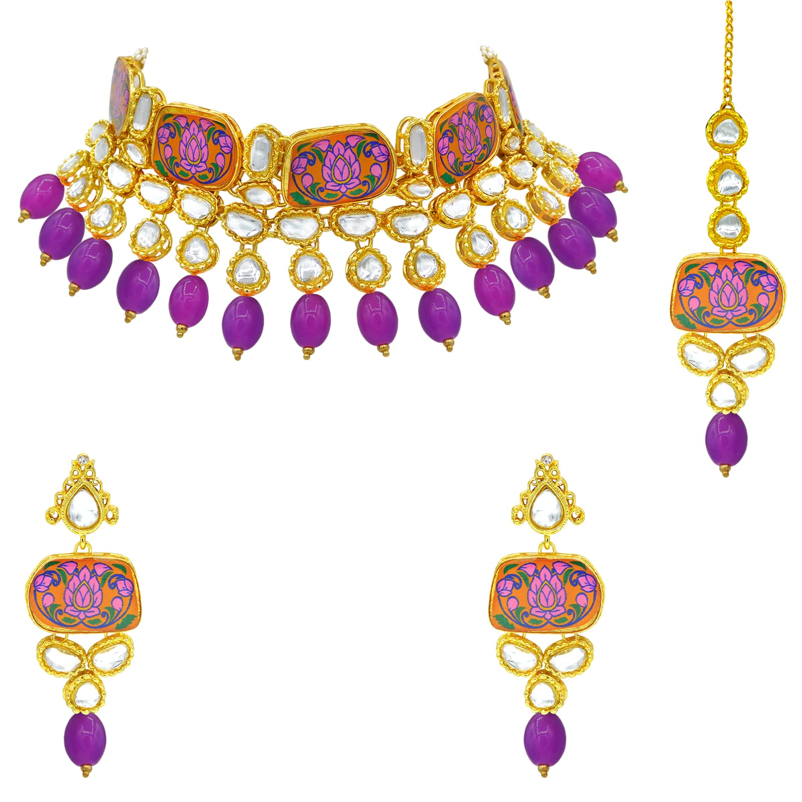 Sujwel Traditional Beaded Kundan Necklace Set With Maang Tikka for Women Girls